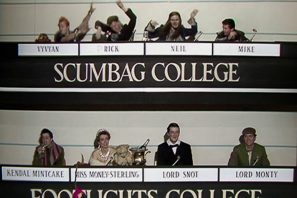 The gag about the two colleges appearing literally above each other, rather than the split screen effect of the actual show, seemed like a really inspired gag at the time... but then in one of the late '70s series of University Challenge they actually DID do that